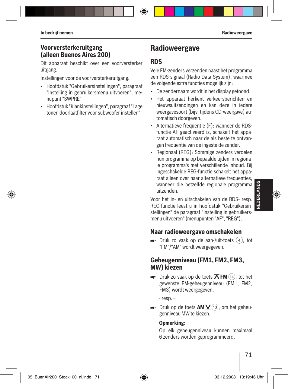 Radioweergave, Voorversterkeruitgang (alleen buenos aires 200), Naar radioweergave omschakelen | Geheugenniveau (fm1, fm2, fm3, mw) kiezen | Blaupunkt BUENOS AIRES 200 7 649 020 110 User Manual | Page 71 / 140