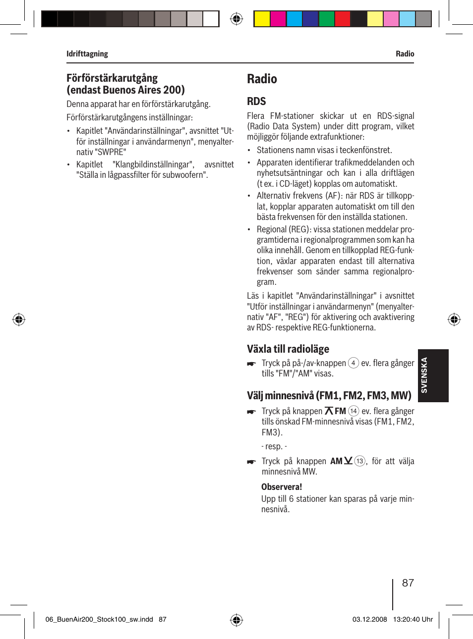 Radio, Förförstärkarutgång (endast buenos aires 200), Växla till radioläge | Välj minnesnivå (fm1, fm2, fm3, mw) | Blaupunkt BUENOS AIRES 200 7 649 020 110 User Manual | Page 87 / 140