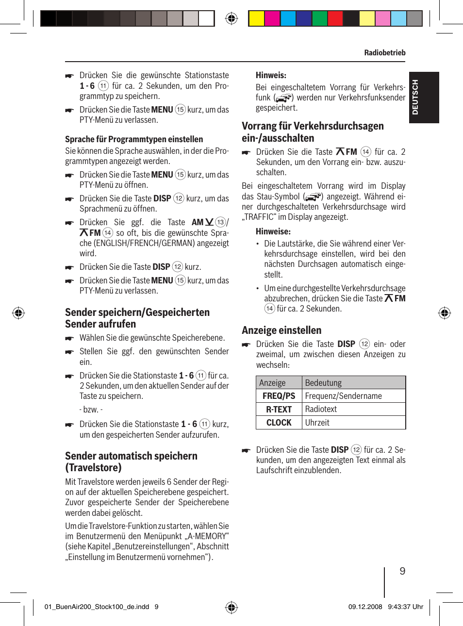 Sender speichern/gespeicherten sender aufrufen, Sender automatisch speichern (travelstore), Vorrang für verkehrsdurchsagen ein-/ausschalten | Anzeige einstellen | Blaupunkt BUENOS AIRES 200 7 649 020 110 User Manual | Page 9 / 140