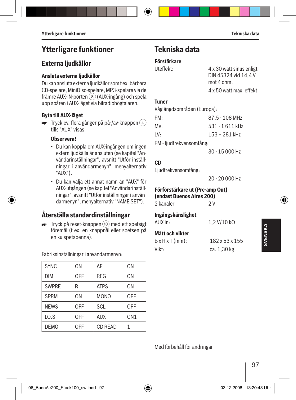 Ytterligare funktioner, Tekniska data, Externa ljudkällor | Återställa standardinställningar | Blaupunkt BUENOS AIRES 200 7 649 020 110 User Manual | Page 97 / 140