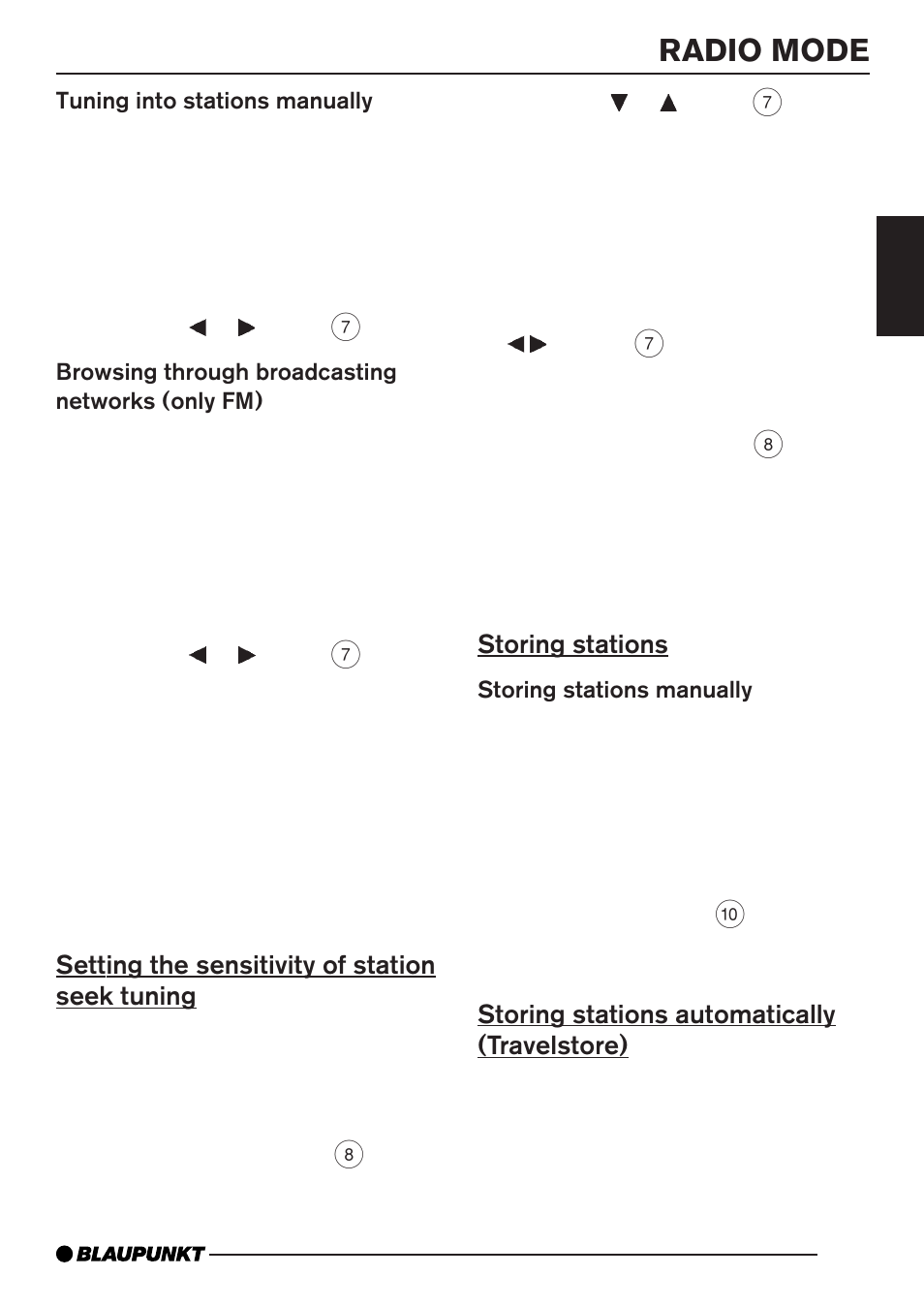 Radio mode, Setting the sensitivity of station seek tuning, Storing stations | Storing stations automatically (travelstore) | Blaupunkt CD35 7 645 060 510 User Manual | Page 10 / 31