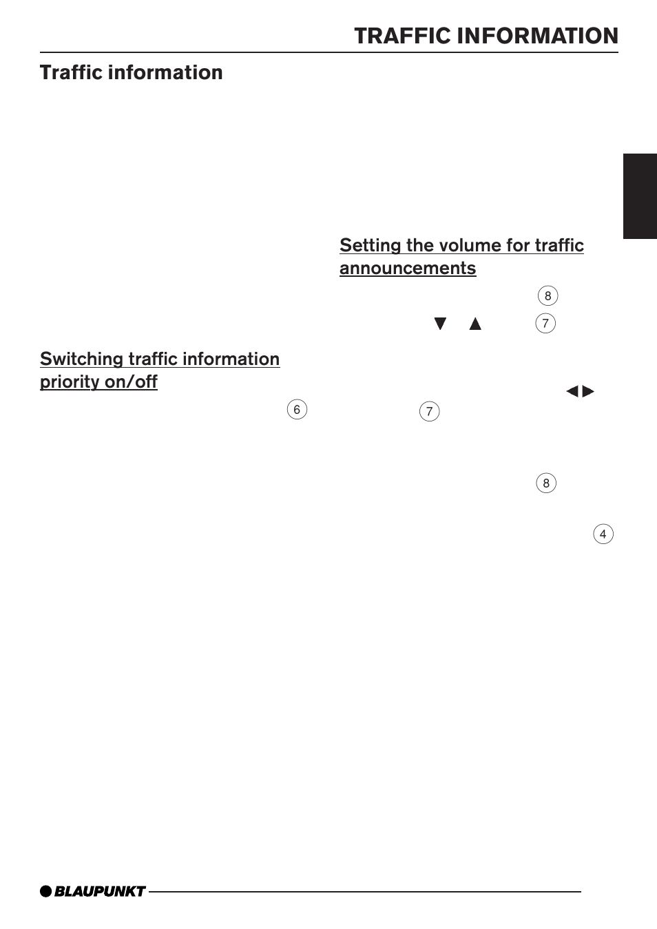 Traffic information, Switching traffic information priority on/off, Setting the volume for traffic announcements | Blaupunkt CD35 7 645 060 510 User Manual | Page 14 / 31