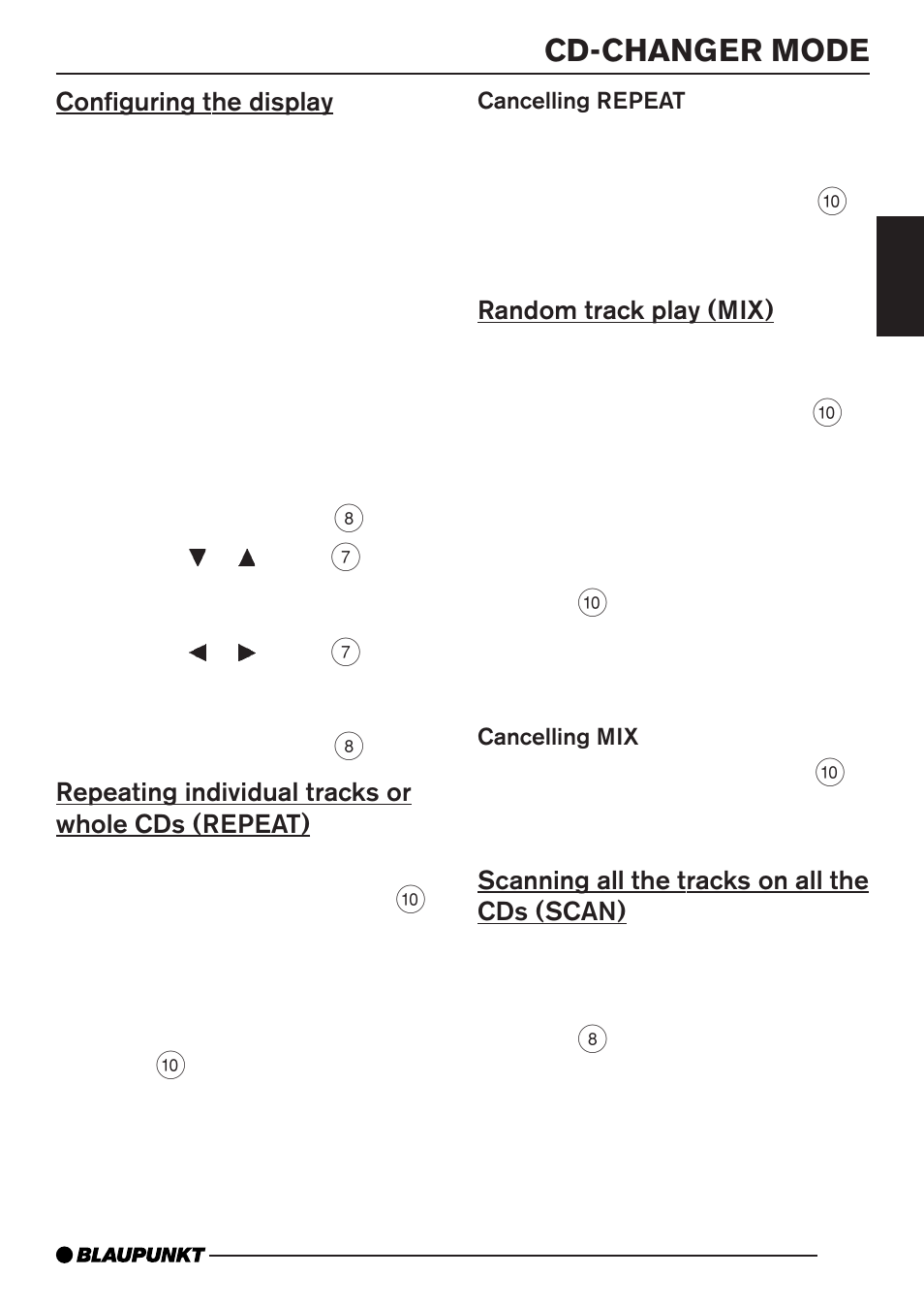 Cd-changer mode, Configuring the display, Repeating individual tracks or whole cds (repeat) | Random track play (mix), Scanning all the tracks on all the cds (scan) | Blaupunkt CD35 7 645 060 510 User Manual | Page 18 / 31