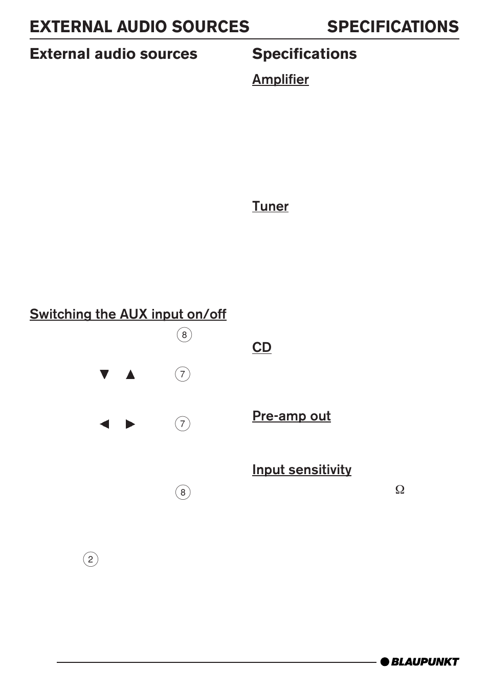 Specifications, External audio sources | Blaupunkt CD35 7 645 060 510 User Manual | Page 23 / 31