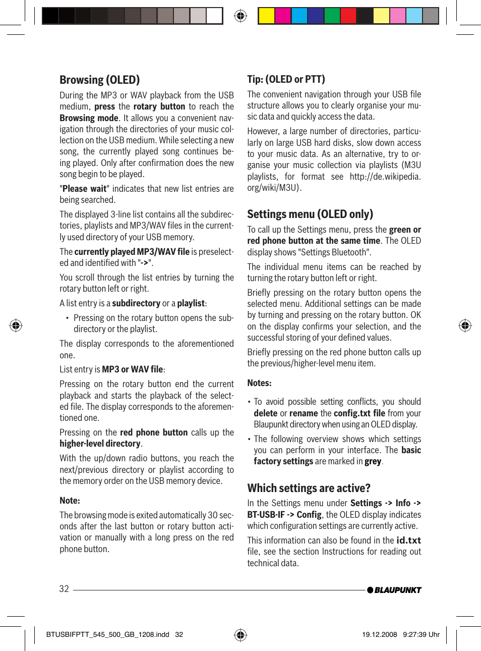 Browsing (oled), Settings menu (oled only), Which settings are active | Blaupunkt 7 607 548 500 User Manual | Page 13 / 25