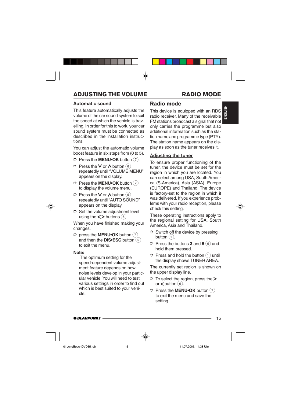 Adjusting the volume radio mode | Blaupunkt LONG BEACH DVD35 User Manual | Page 15 / 65