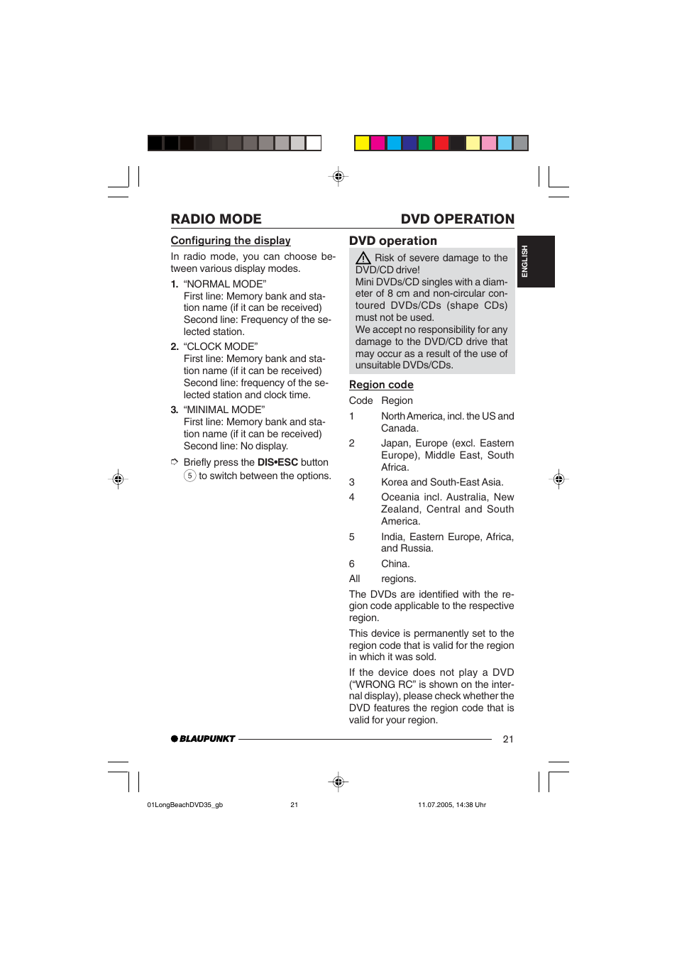 Radio mode dvd operation | Blaupunkt LONG BEACH DVD35 User Manual | Page 21 / 65