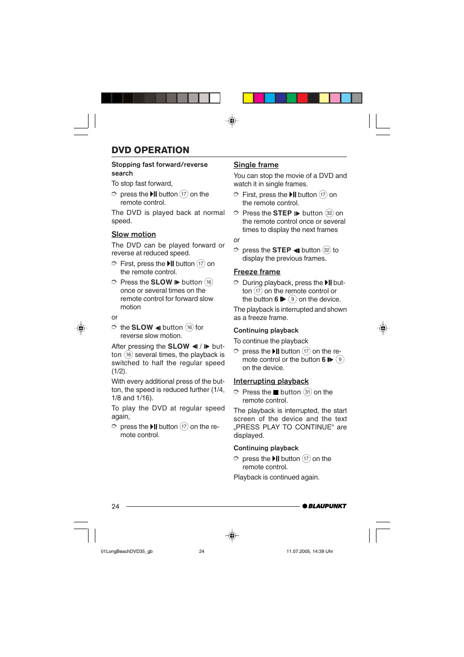 Dvd operation | Blaupunkt LONG BEACH DVD35 User Manual | Page 24 / 65