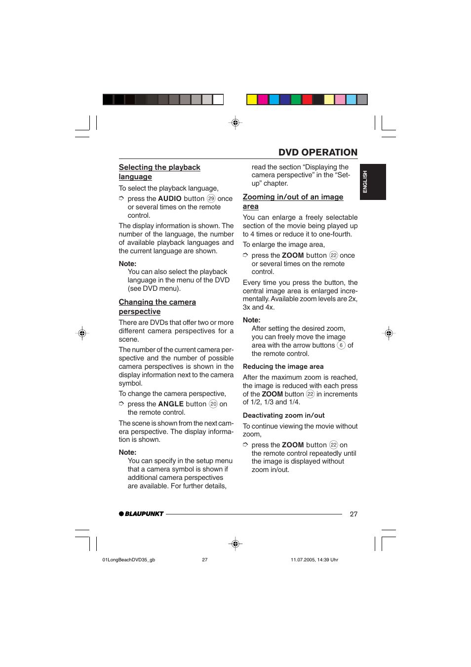 Dvd operation | Blaupunkt LONG BEACH DVD35 User Manual | Page 27 / 65
