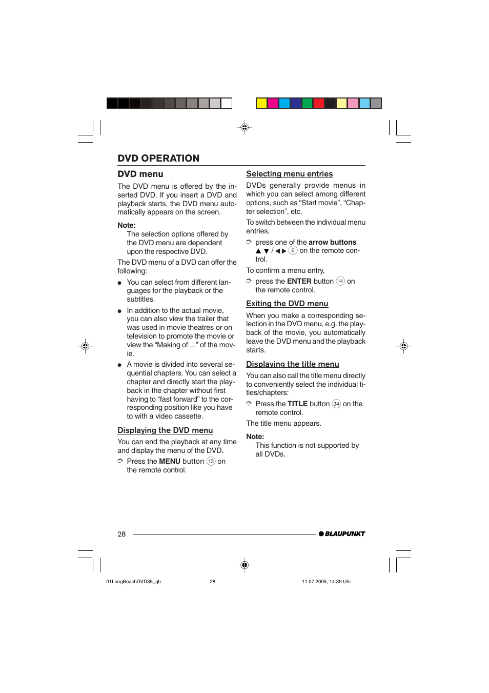Dvd operation | Blaupunkt LONG BEACH DVD35 User Manual | Page 28 / 65