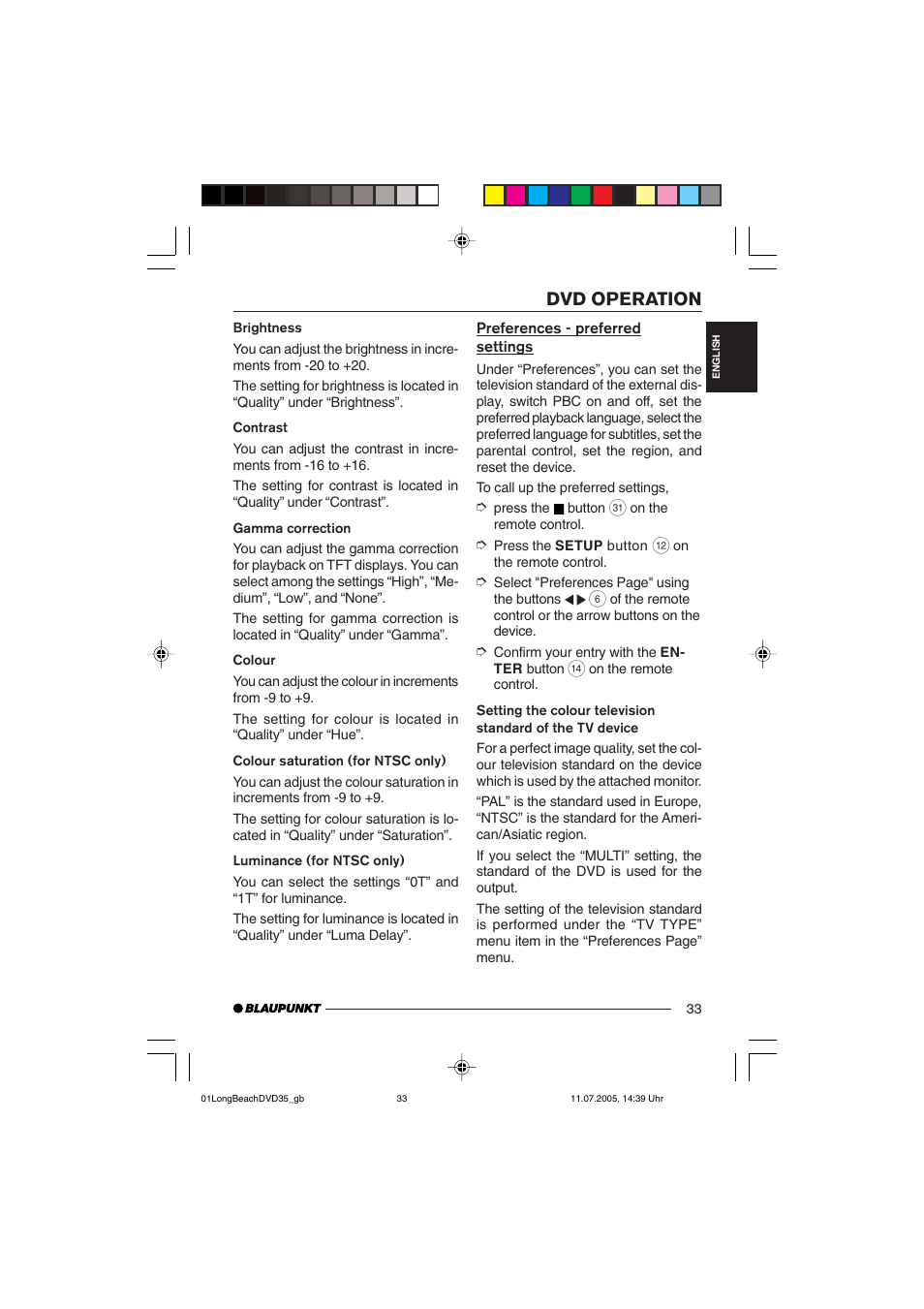 Dvd operation | Blaupunkt LONG BEACH DVD35 User Manual | Page 33 / 65