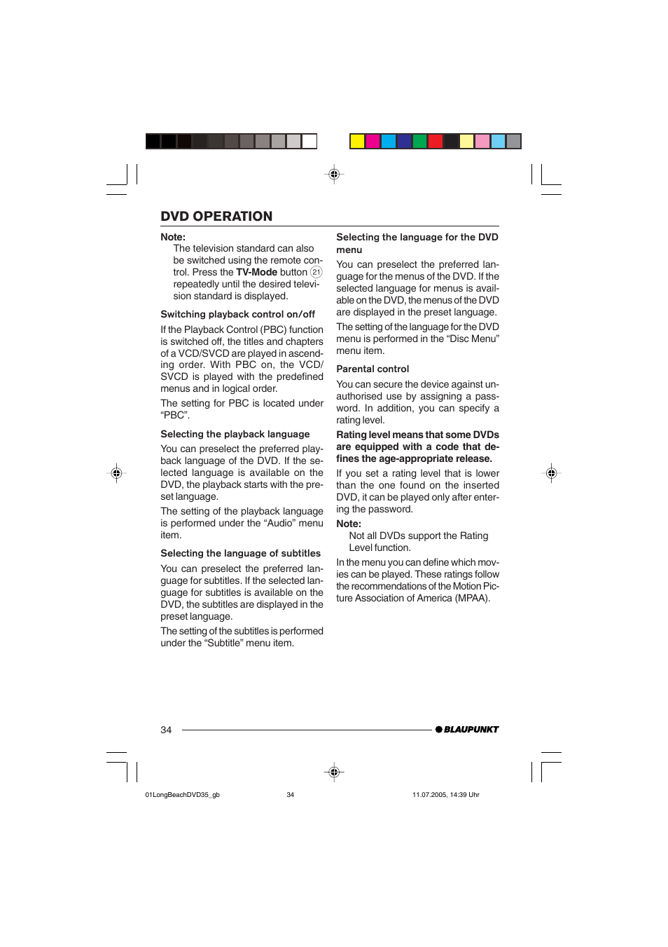 Dvd operation | Blaupunkt LONG BEACH DVD35 User Manual | Page 34 / 65