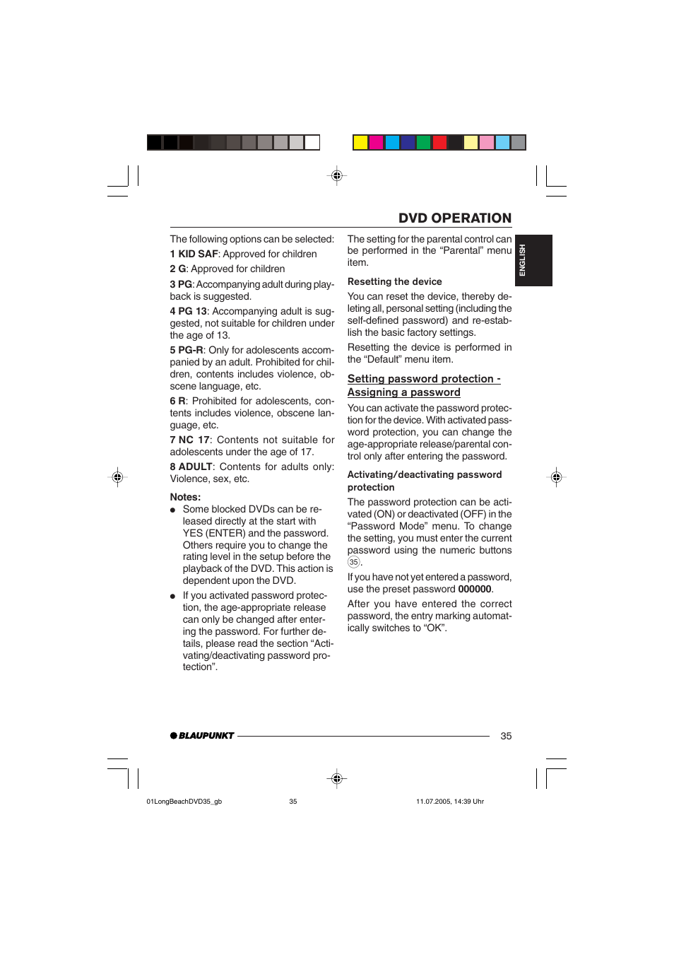 Dvd operation | Blaupunkt LONG BEACH DVD35 User Manual | Page 35 / 65