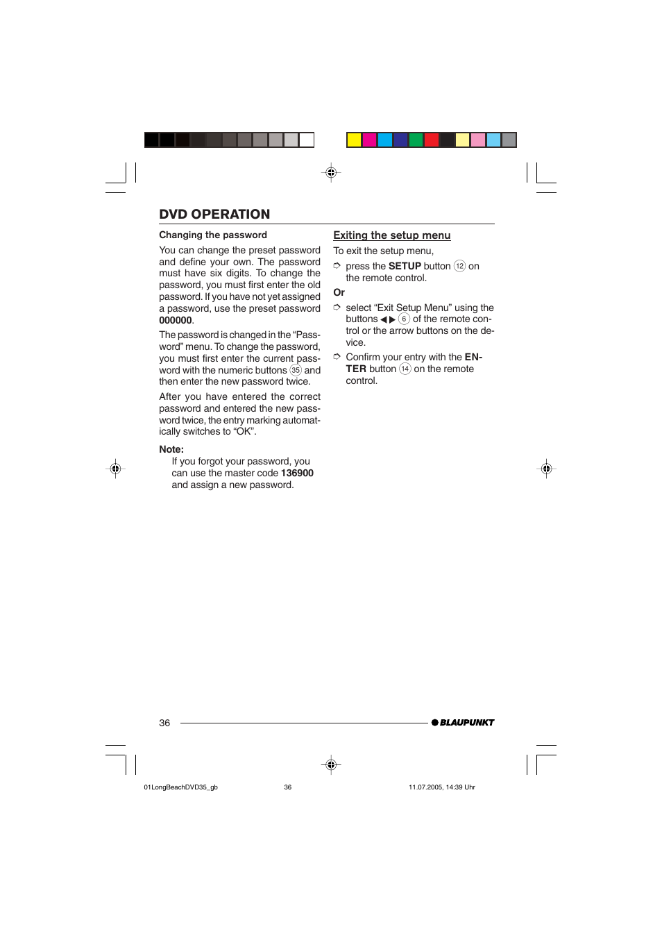 Dvd operation | Blaupunkt LONG BEACH DVD35 User Manual | Page 36 / 65