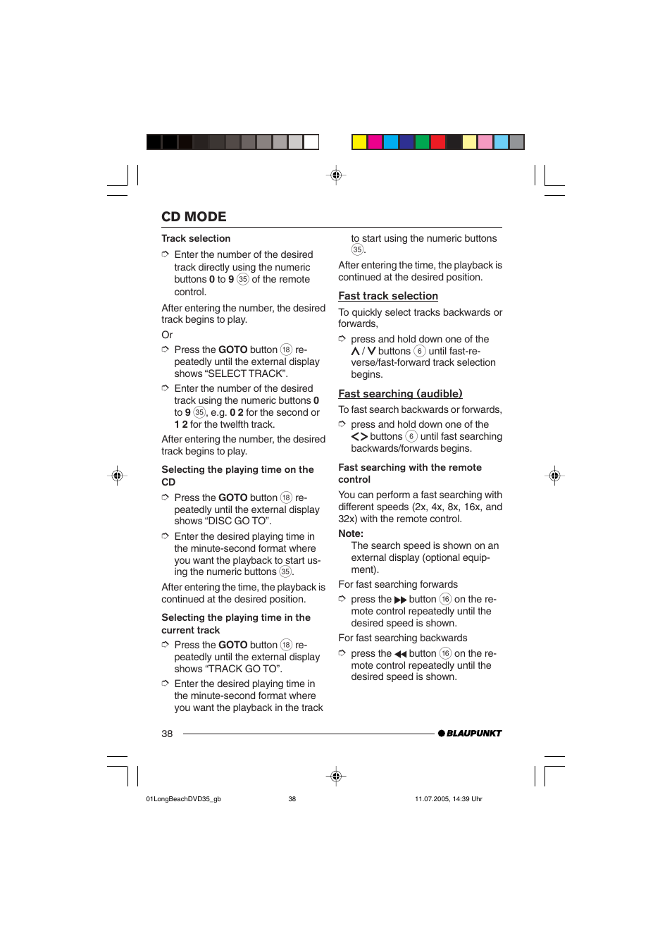 Cd mode | Blaupunkt LONG BEACH DVD35 User Manual | Page 38 / 65