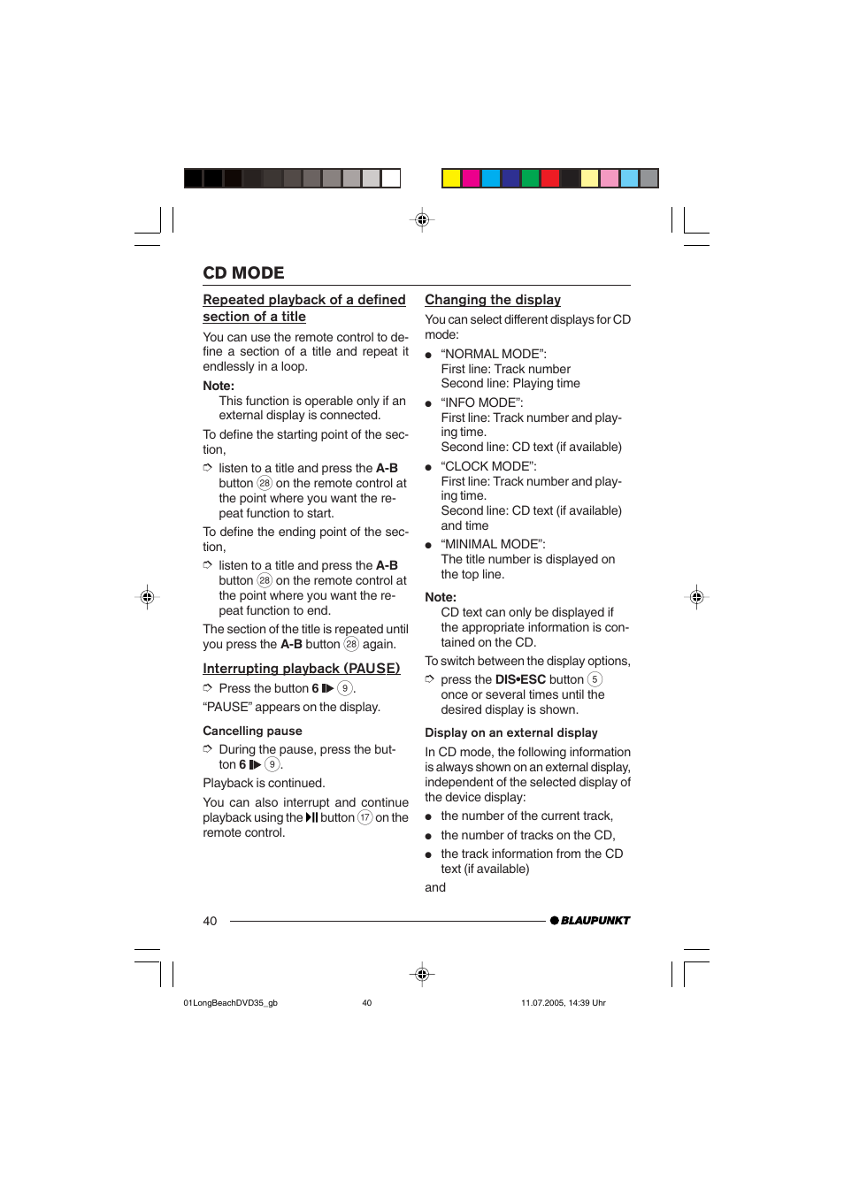 Cd mode | Blaupunkt LONG BEACH DVD35 User Manual | Page 40 / 65