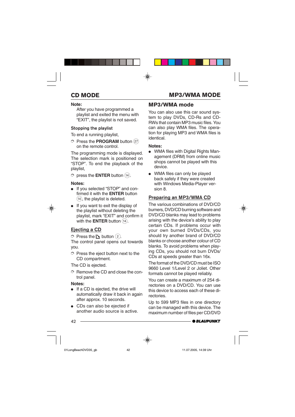 Cd mode mp3/wma mode | Blaupunkt LONG BEACH DVD35 User Manual | Page 42 / 65