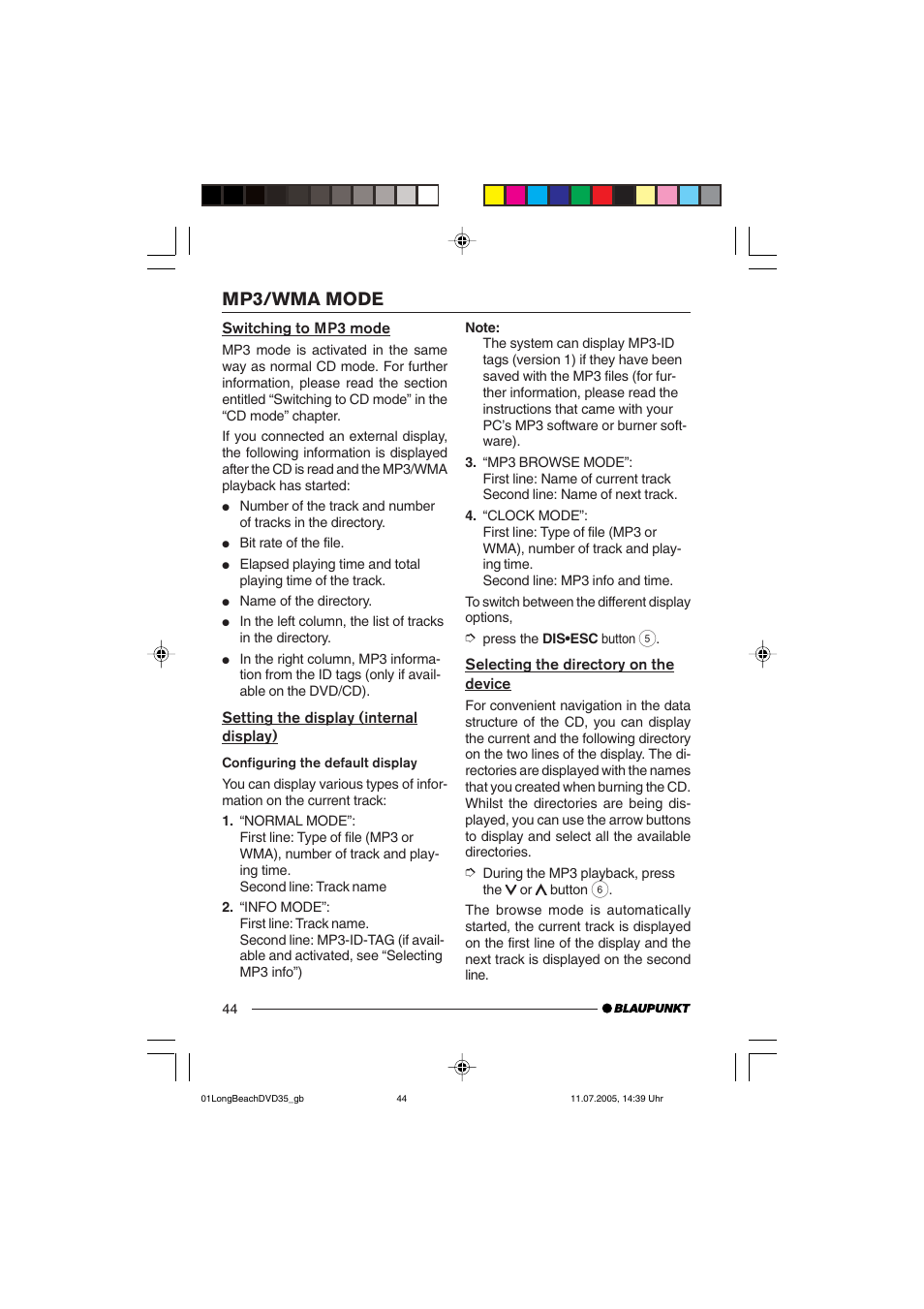 Mp3/wma mode | Blaupunkt LONG BEACH DVD35 User Manual | Page 44 / 65