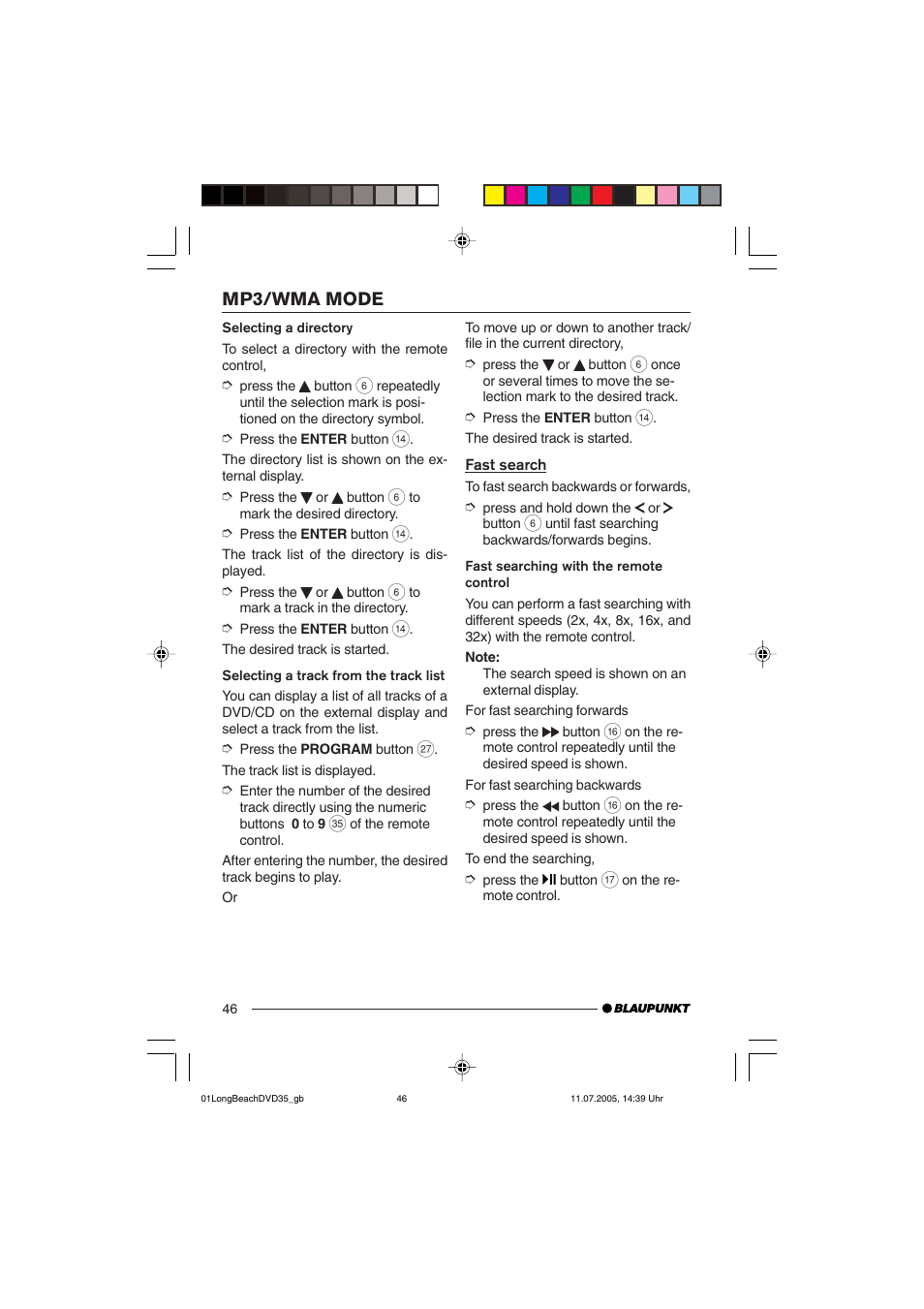 Mp3/wma mode | Blaupunkt LONG BEACH DVD35 User Manual | Page 46 / 65