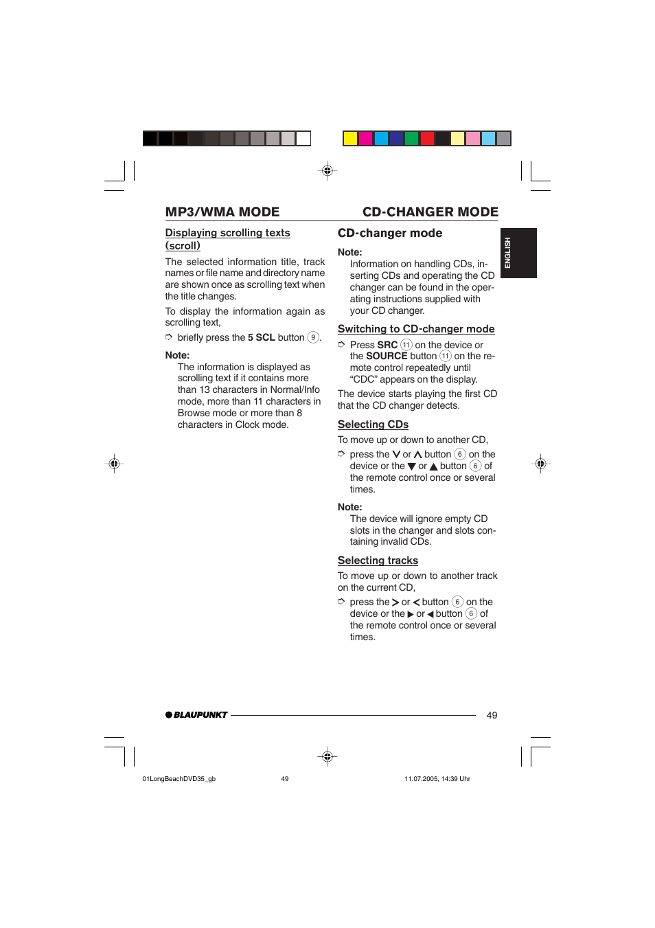Mp3/wma mode cd-changer mode | Blaupunkt LONG BEACH DVD35 User Manual | Page 49 / 65