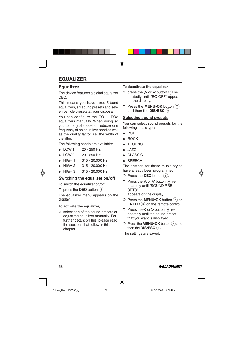Equalizer | Blaupunkt LONG BEACH DVD35 User Manual | Page 56 / 65