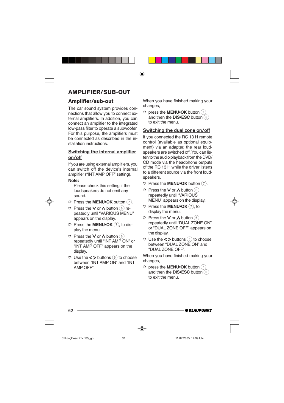 Amplifier/sub-out | Blaupunkt LONG BEACH DVD35 User Manual | Page 62 / 65