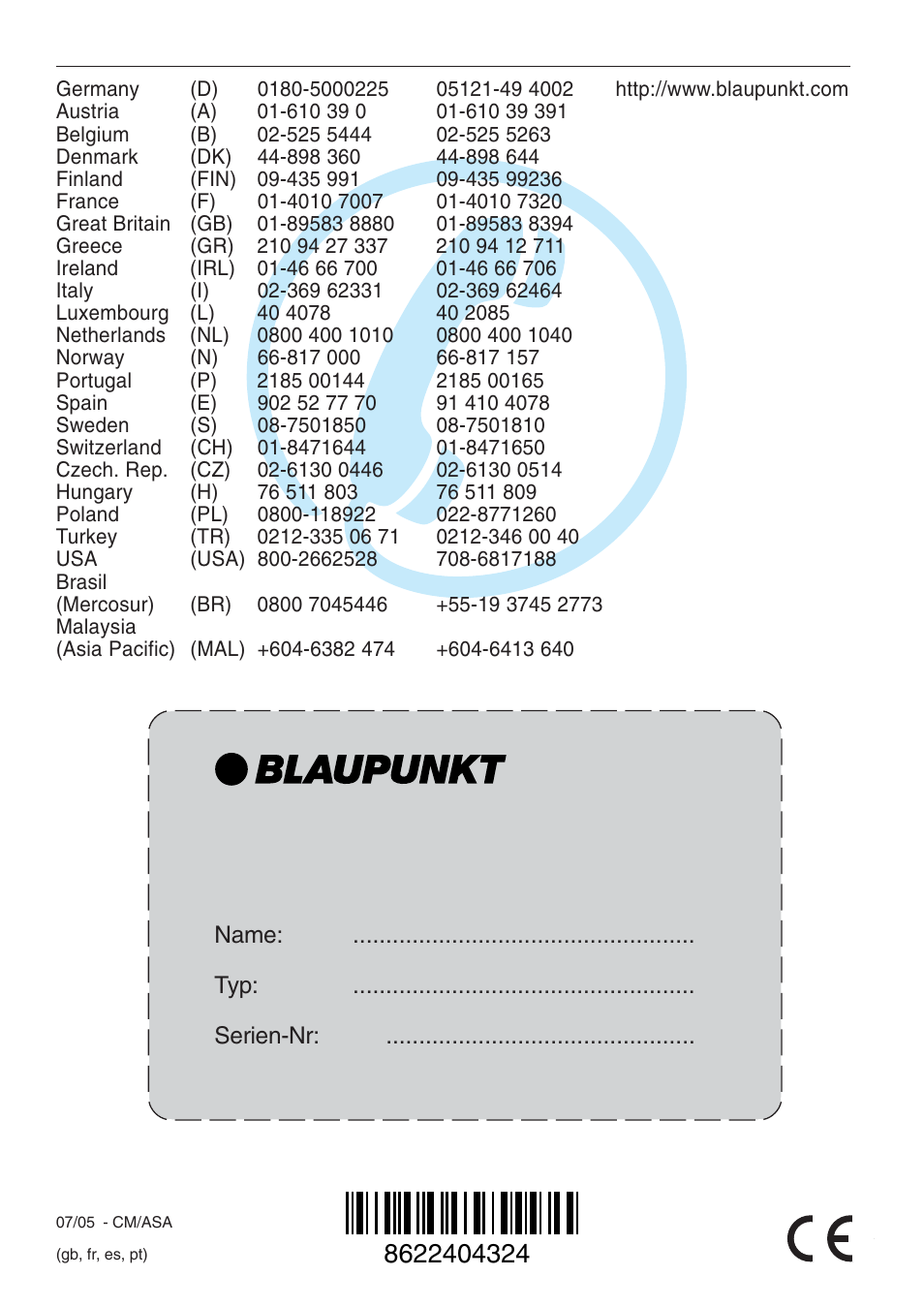 Gerätepass | Blaupunkt LONG BEACH DVD35 User Manual | Page 65 / 65