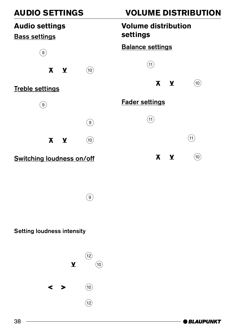 Volume distribution audio settings, Audio settings, Volume distribution settings | Blaupunkt ALICANTE CD30 User Manual | Page 19 / 21
