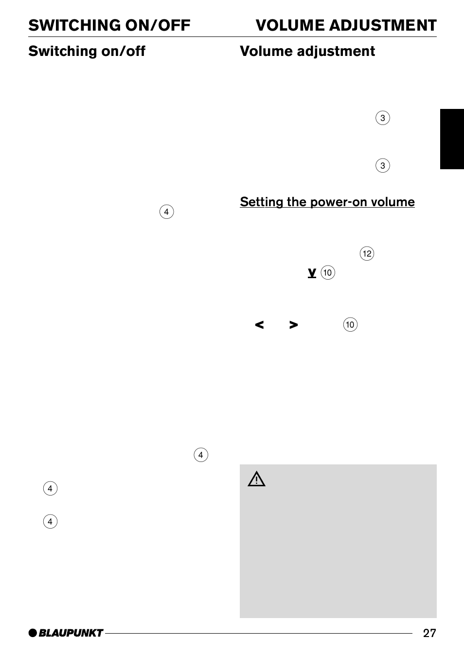 Volume adjustment switching on/off, Volume adjustment, Switching on/off | Setting the power-on volume | Blaupunkt ALICANTE CD30 User Manual | Page 8 / 21