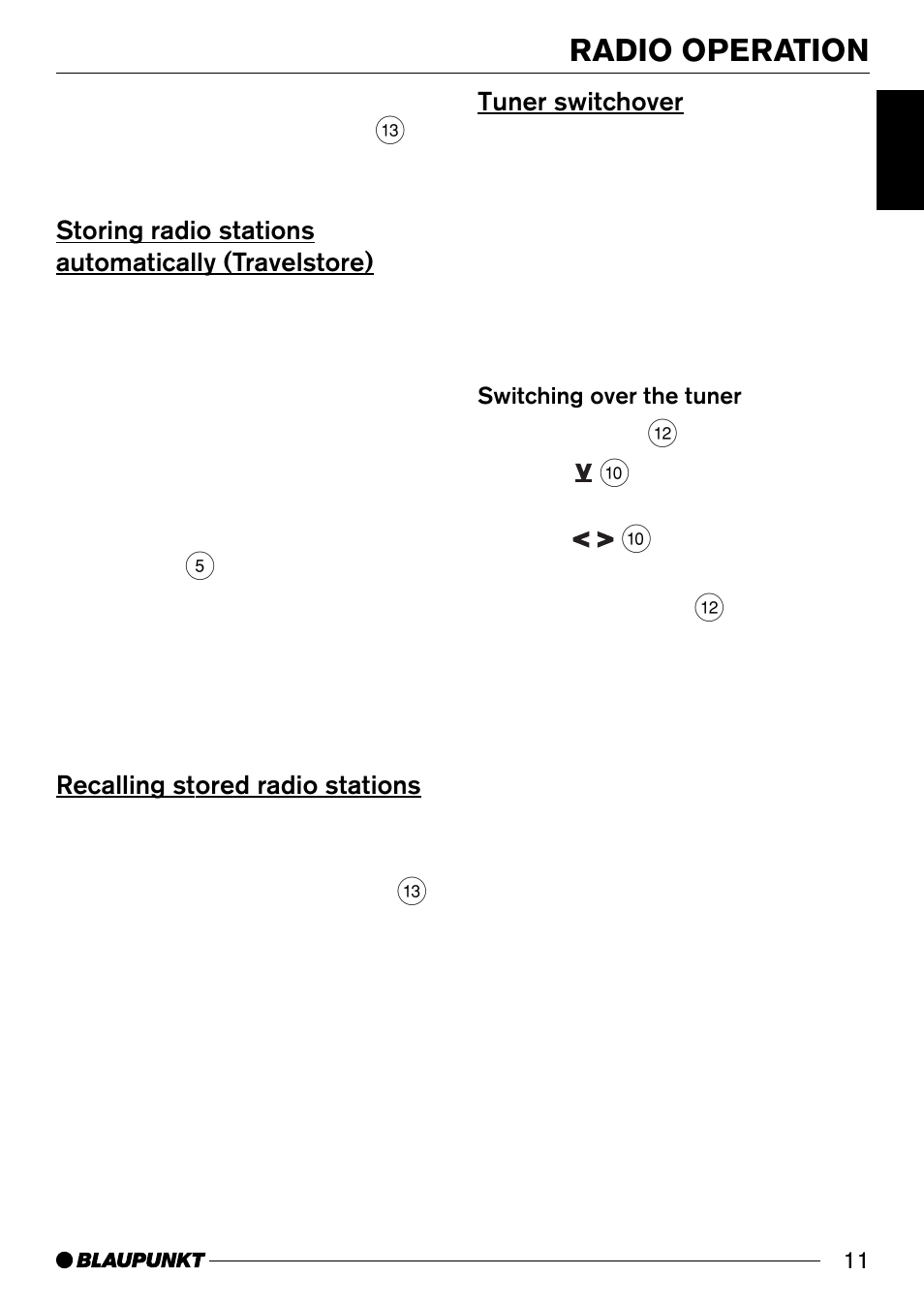 Storing radio stations automatically (travelstore), Recalling stored radio stations, Tuner switchover | Radio operation | Blaupunkt SANTA MONICA CD30 User Manual | Page 11 / 19