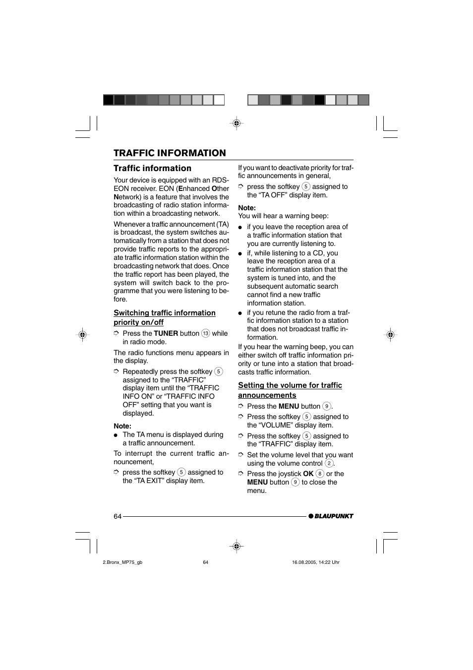 Traffic information | Blaupunkt BRONX MP75 User Manual | Page 23 / 46
