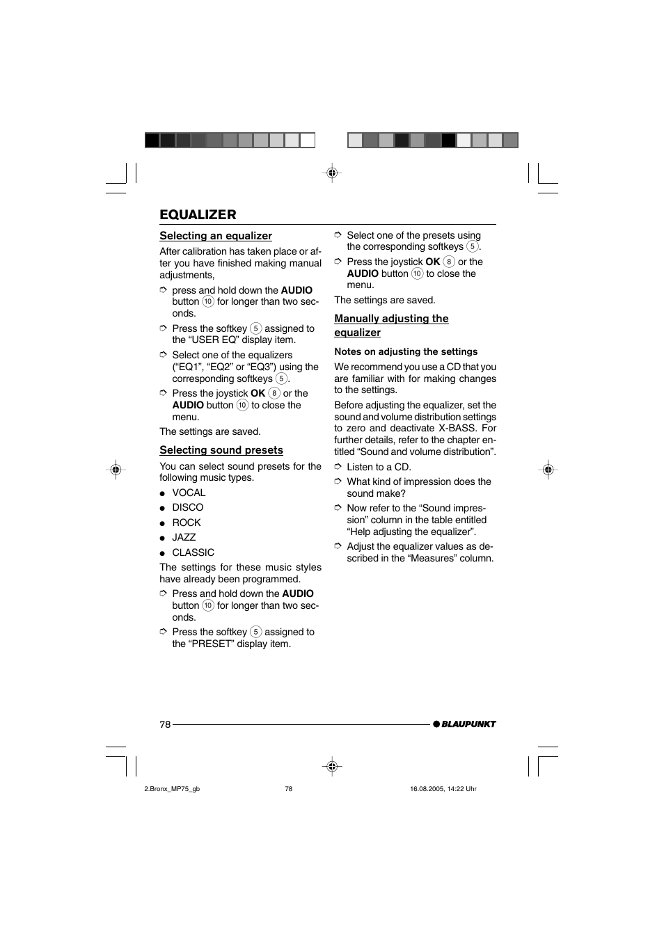Equalizer | Blaupunkt BRONX MP75 User Manual | Page 37 / 46