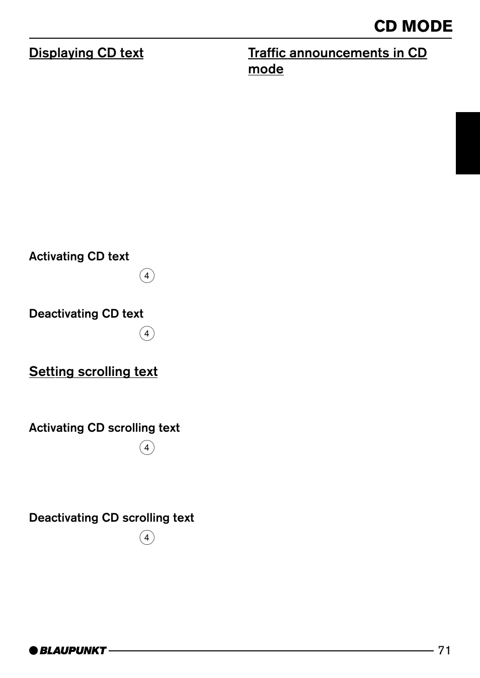 Cd mode, Displaying cd text, Setting scrolling text | Traffic announcements in cd mode | Blaupunkt SAN FRANCISCO CD72 User Manual | Page 29 / 78