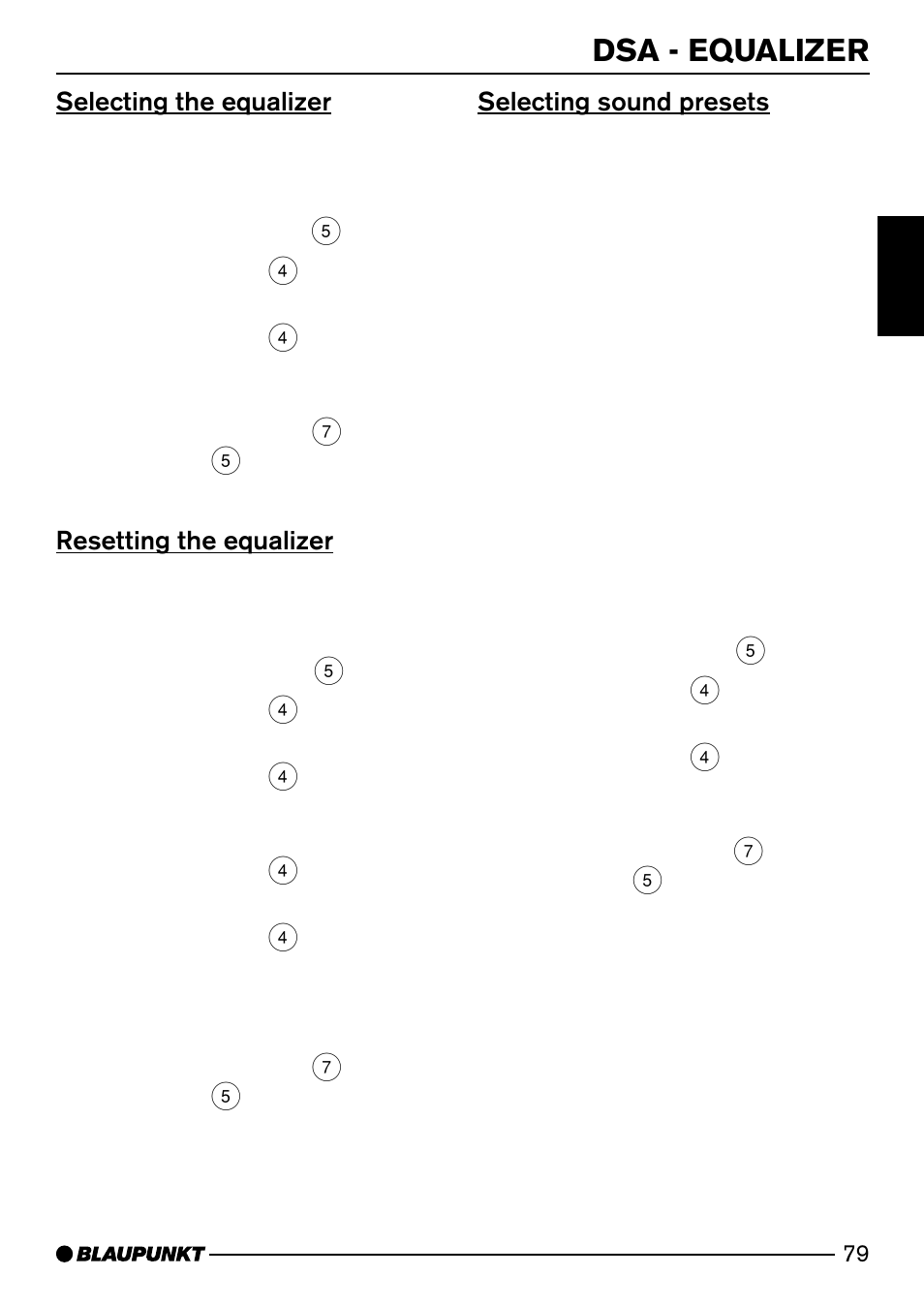 Dsa - equalizer, Selecting the equalizer, Resetting the equalizer | Selecting sound presets | Blaupunkt SAN FRANCISCO CD72 User Manual | Page 37 / 78