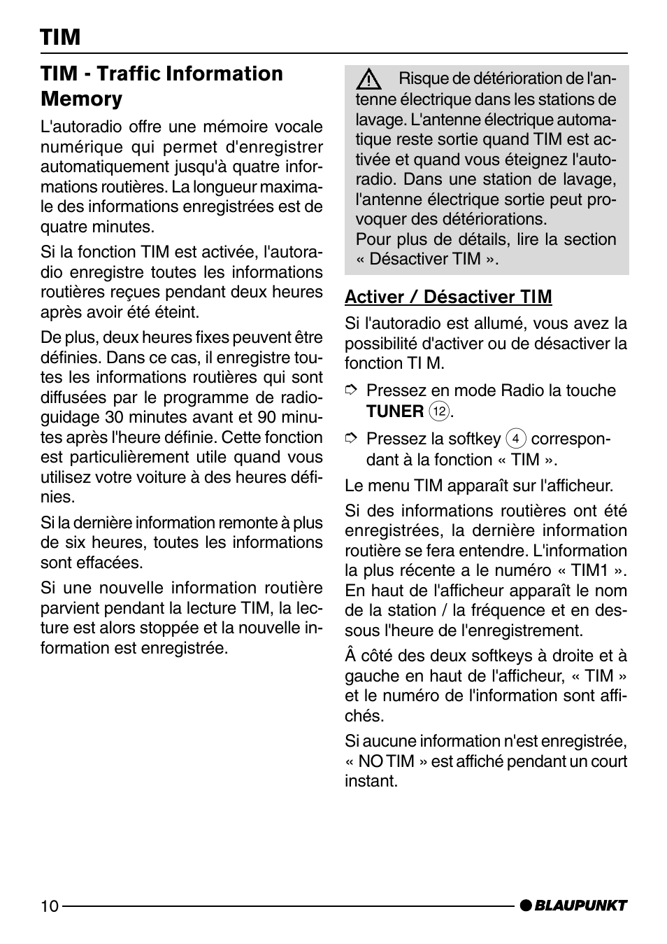 Activer / désactiver tim, Tim - traffic information memory . 10 | Blaupunkt SAN FRANCISCO CD72 User Manual | Page 54 / 78