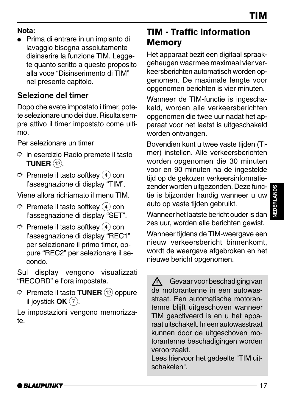Selezione del timer, Tim - traffic information memory . 17 | Blaupunkt SAN FRANCISCO CD72 User Manual | Page 61 / 78