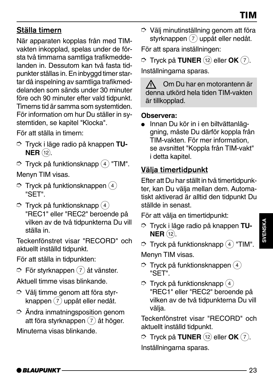Ställa timern, Välja timertidpunkt, Ställa timern välja timertidpunkt | Blaupunkt SAN FRANCISCO CD72 User Manual | Page 67 / 78