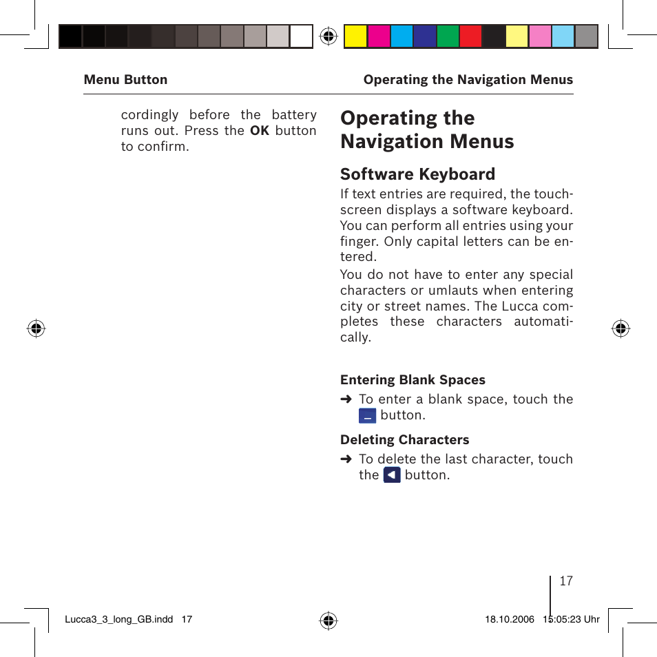 Operating the navigation menus, Software keyboard | Blaupunkt TRAVELPILOT LUCCA 3.3 User Manual | Page 17 / 88