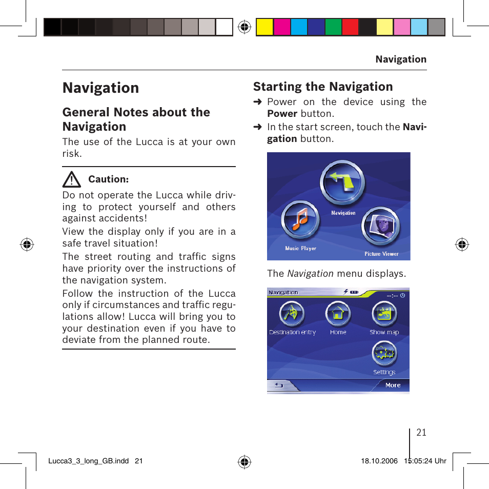 Navigation, Starting the navigation | Blaupunkt TRAVELPILOT LUCCA 3.3 User Manual | Page 21 / 88