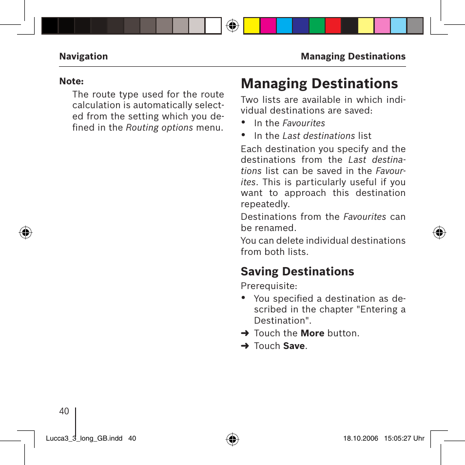 Managing destinations, Saving destinations | Blaupunkt TRAVELPILOT LUCCA 3.3 User Manual | Page 40 / 88