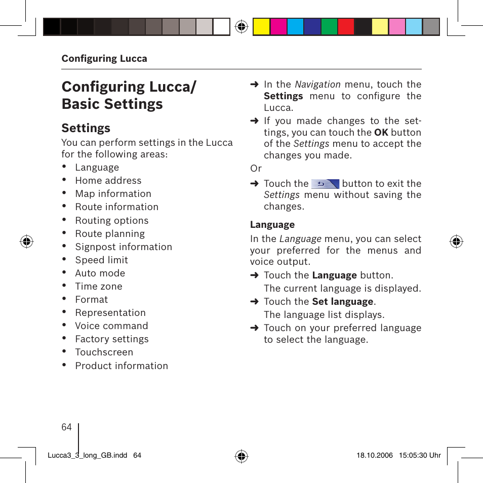 Conﬁ guring lucca/ basic settings | Blaupunkt TRAVELPILOT LUCCA 3.3 User Manual | Page 64 / 88