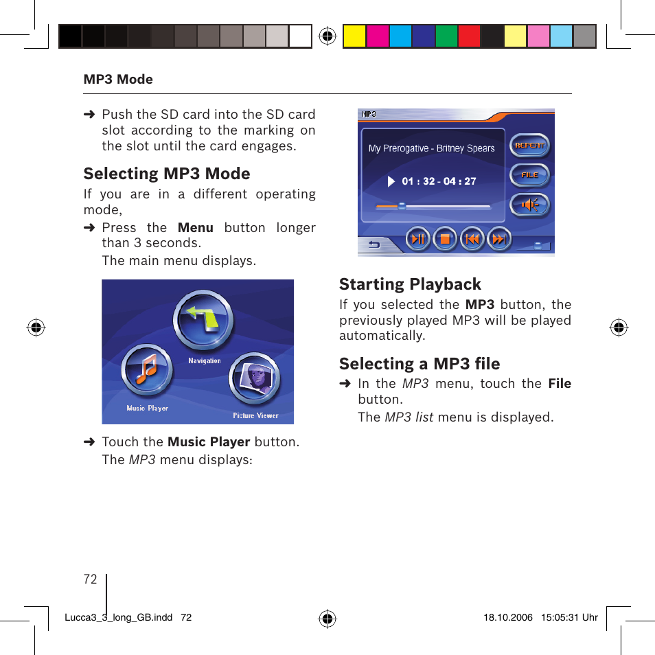 Selecting mp3 mode, Starting playback, Selecting a mp3 ﬁ le | Blaupunkt TRAVELPILOT LUCCA 3.3 User Manual | Page 72 / 88