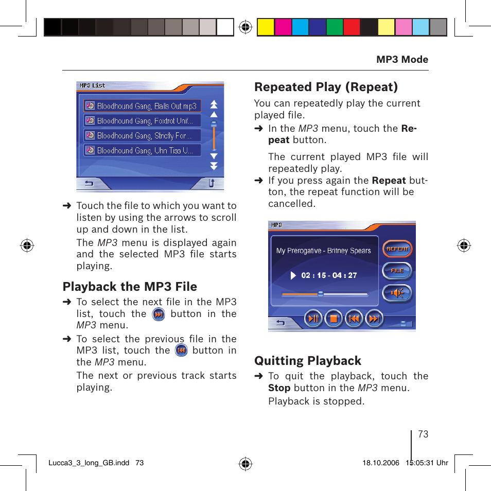 Playback the mp3 file, Repeated play (repeat), Quitting playback | Blaupunkt TRAVELPILOT LUCCA 3.3 User Manual | Page 73 / 88