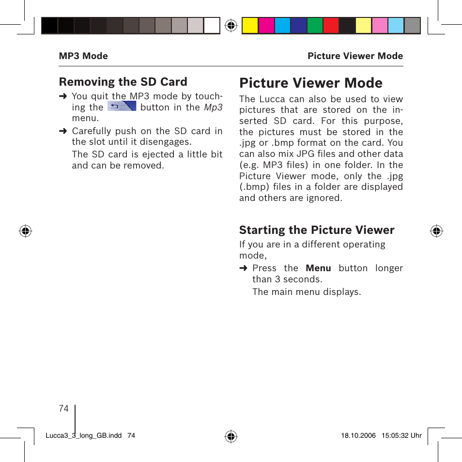 Picture viewer mode, Removing the sd card, Starting the picture viewer | Blaupunkt TRAVELPILOT LUCCA 3.3 User Manual | Page 74 / 88