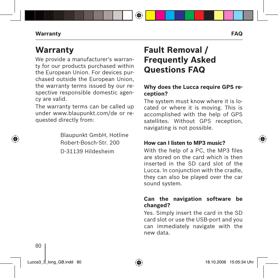 Warranty, Fault removal / frequently asked questions faq | Blaupunkt TRAVELPILOT LUCCA 3.3 User Manual | Page 80 / 88