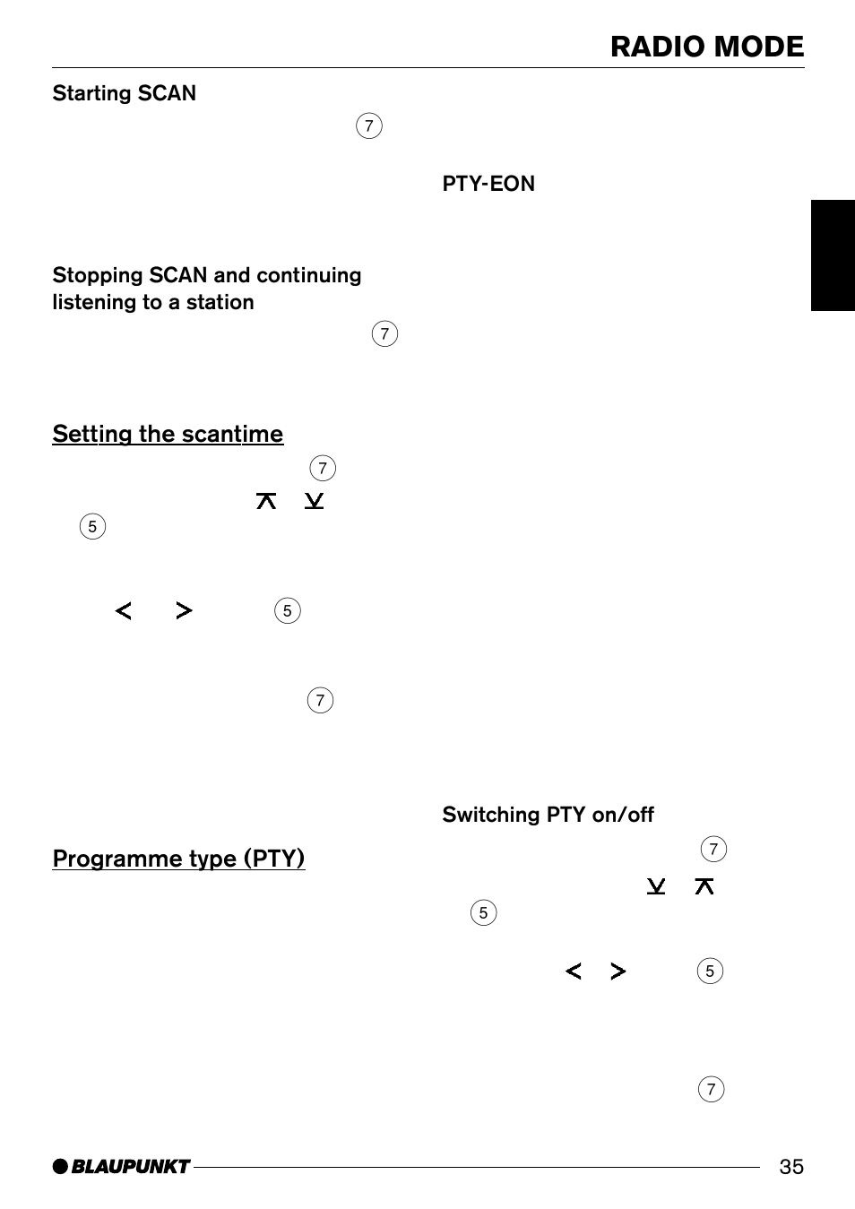 Radio mode, Setting the scantime, Programme type (pty) | Blaupunkt Alicante CD32 User Manual | Page 14 / 25