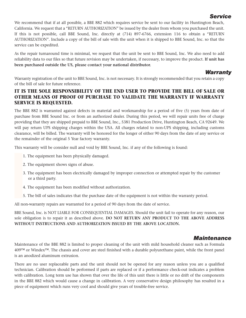 Service, Warranty, Maintenance | BBE Sonic Maximizer BBE 882 User Manual | Page 13 / 20