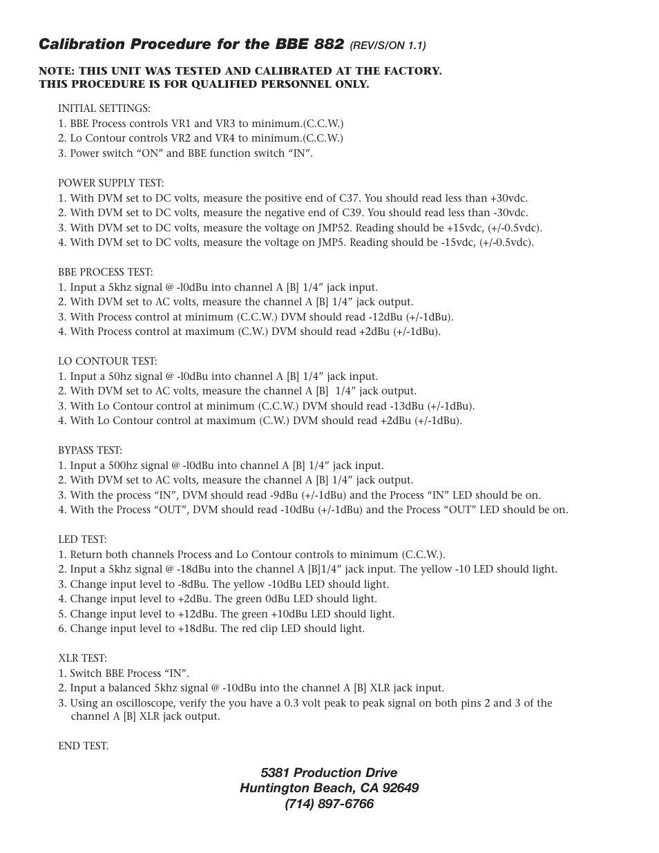 Calibration procedure for the bbe 882 | BBE Sonic Maximizer BBE 882 User Manual | Page 14 / 20