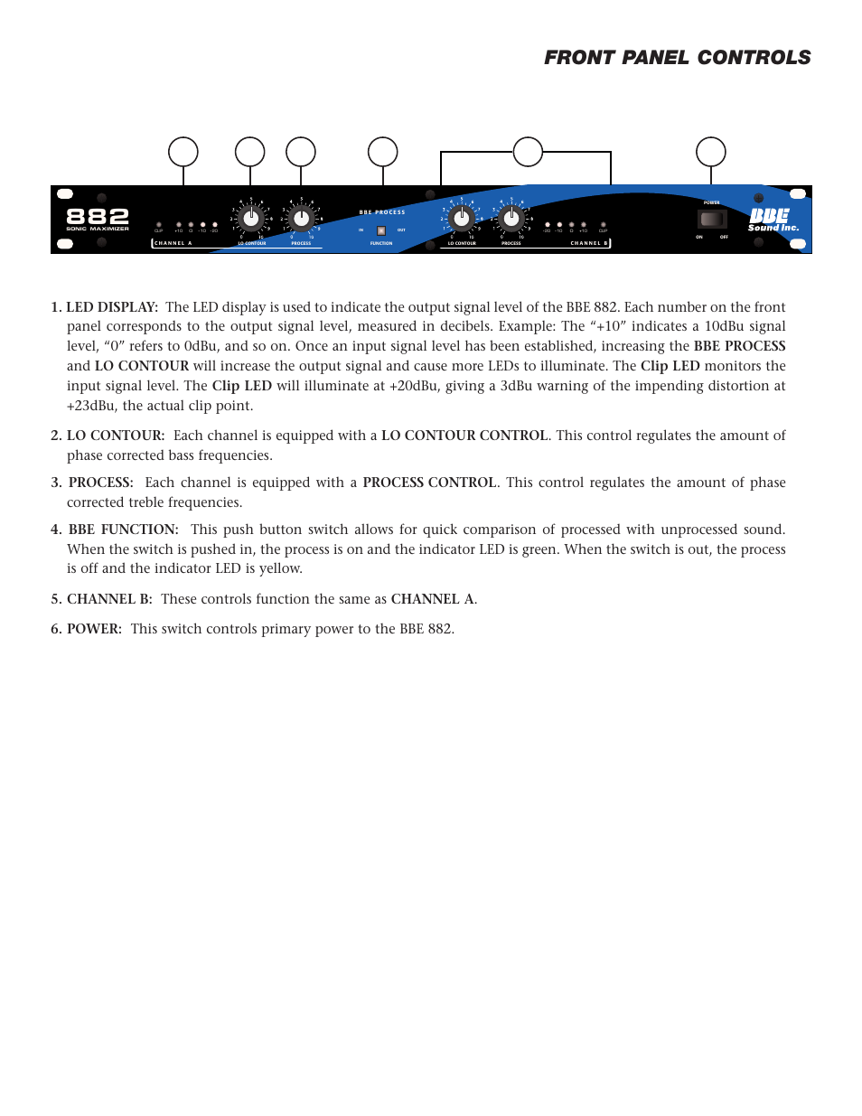 Front panel controls | BBE Sonic Maximizer BBE 882 User Manual | Page 5 / 20