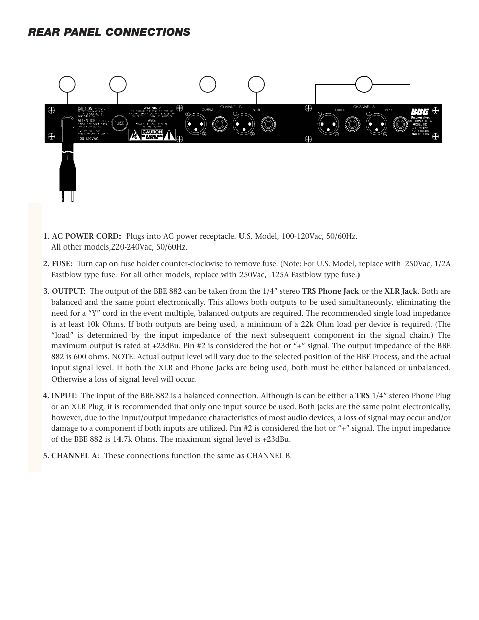 Rear panel connections | BBE Sonic Maximizer BBE 882 User Manual | Page 6 / 20